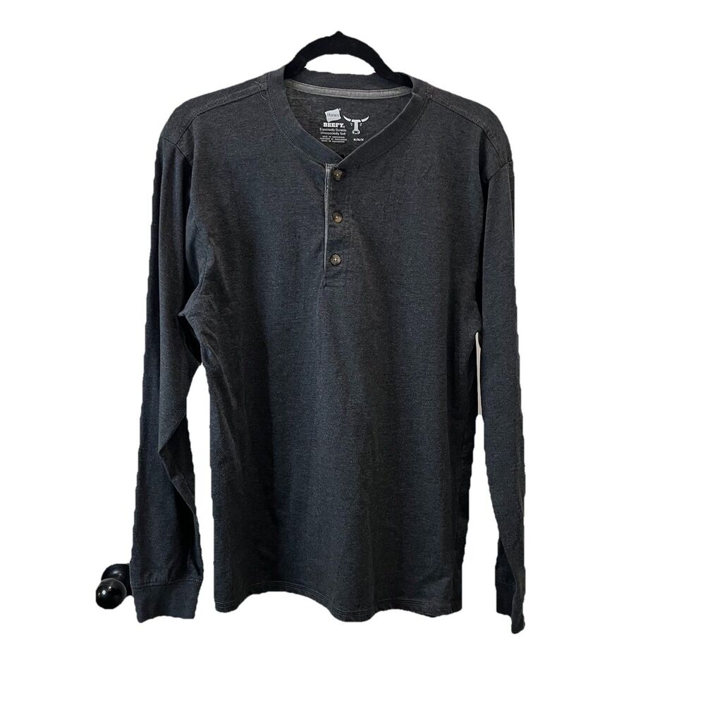 Hanes Beefy T Shirt Long Sleeve Henley Men's Size M Gray